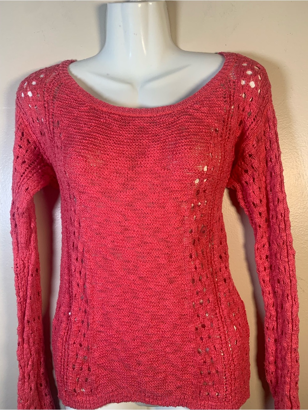 Aeropostale Open-Knit Scoop Neck Sweater in Coral Pink